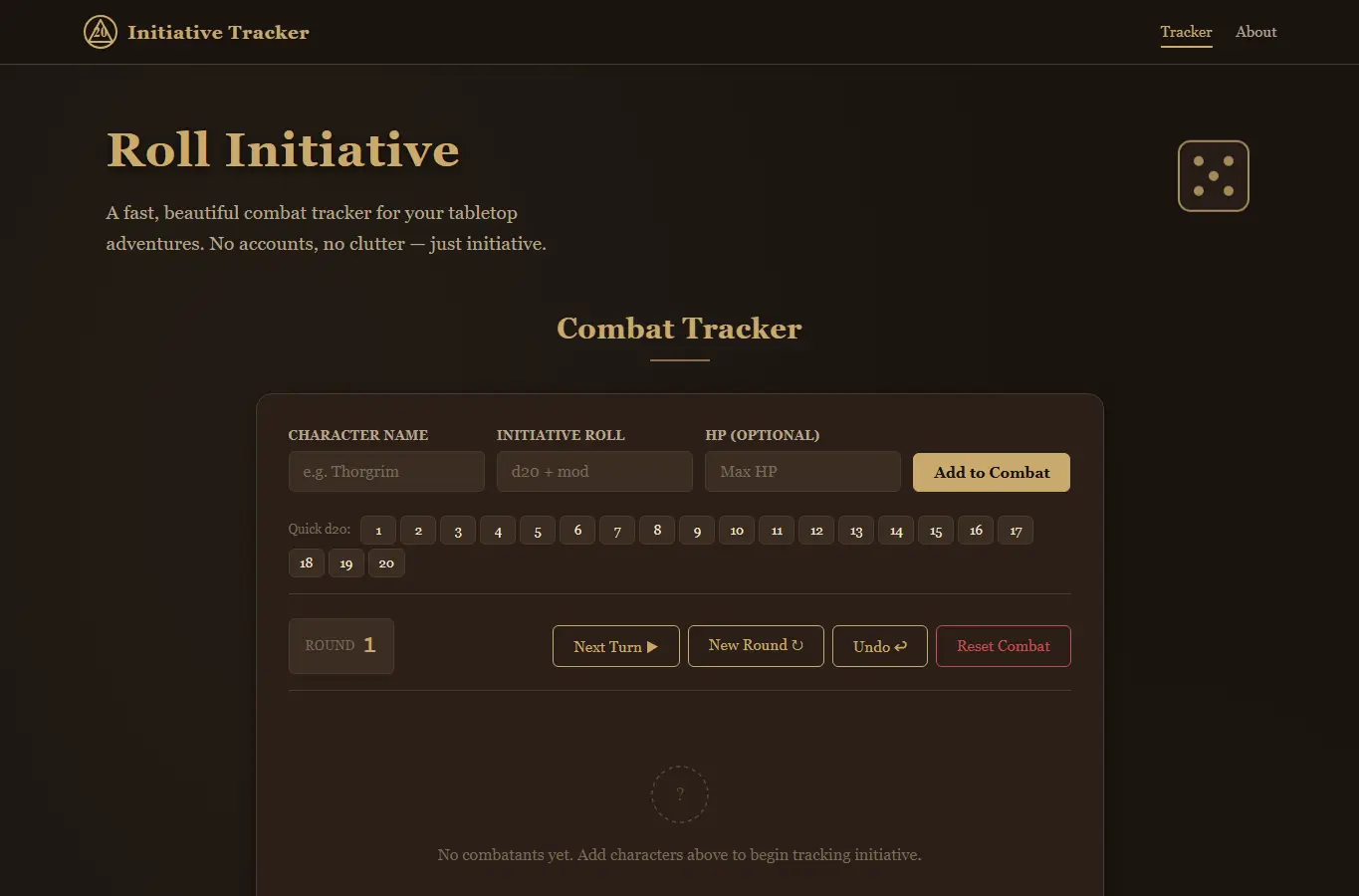 Screenshot of Tabletop Initiative Tracker interface showing the project page in use